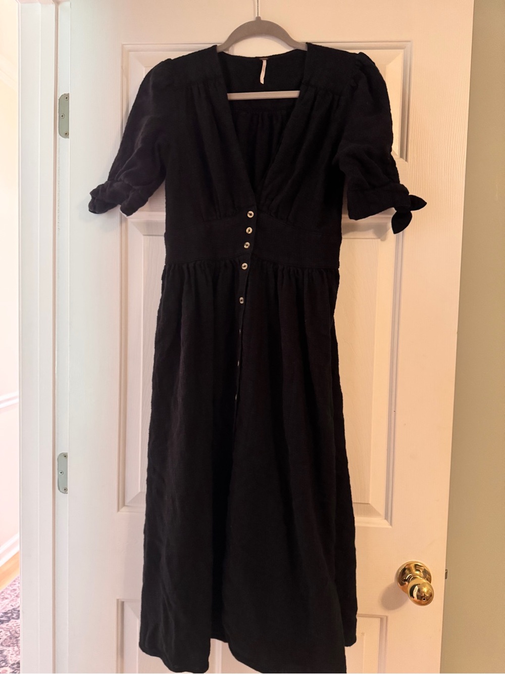 Free People Black Button Midi Dress with Tie Sleeves